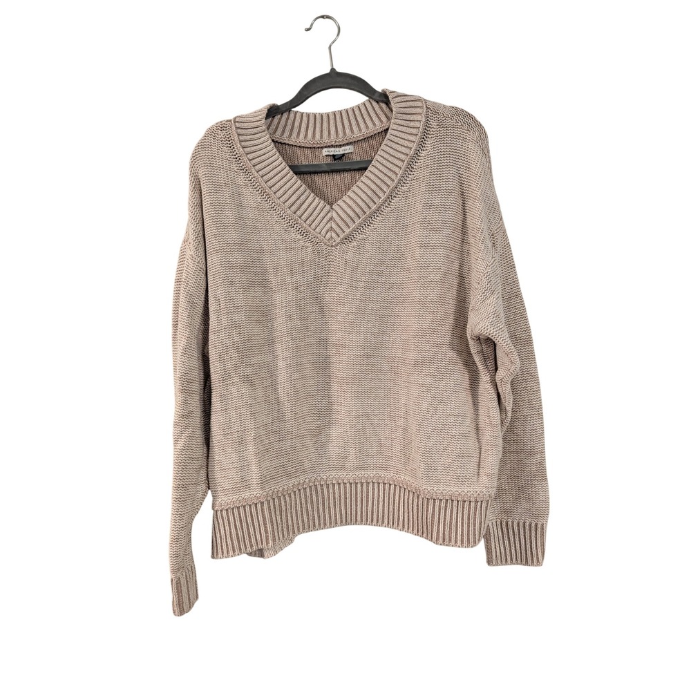 American Eagle Sweater Womens Medium Tan V-Neck Shaker Stitch Long Sleeve